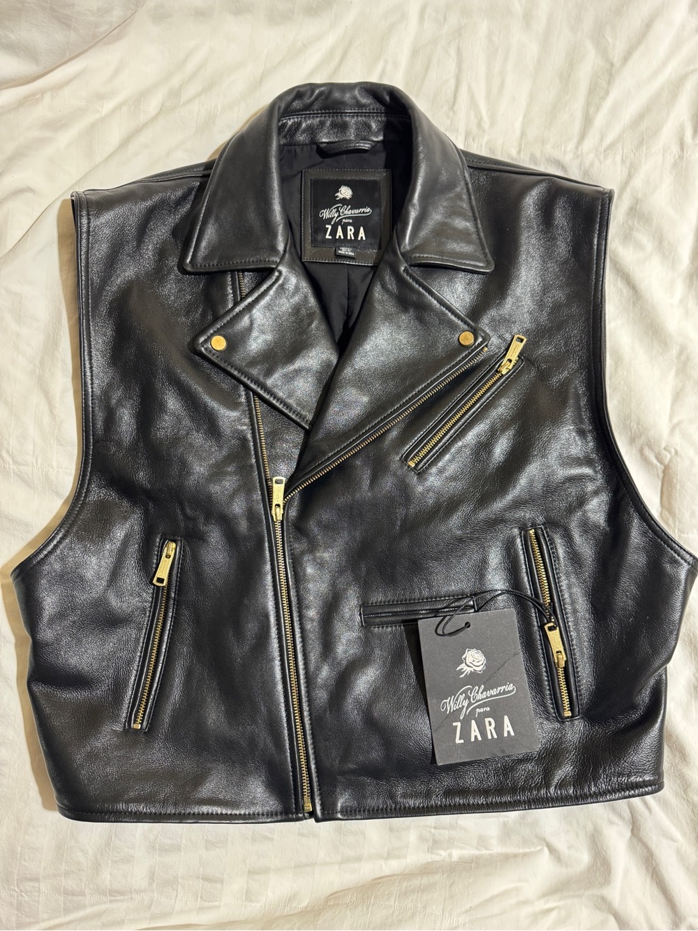 Willy Chavarria for ZARA Black Leather Biker Vest with Gold Hardware